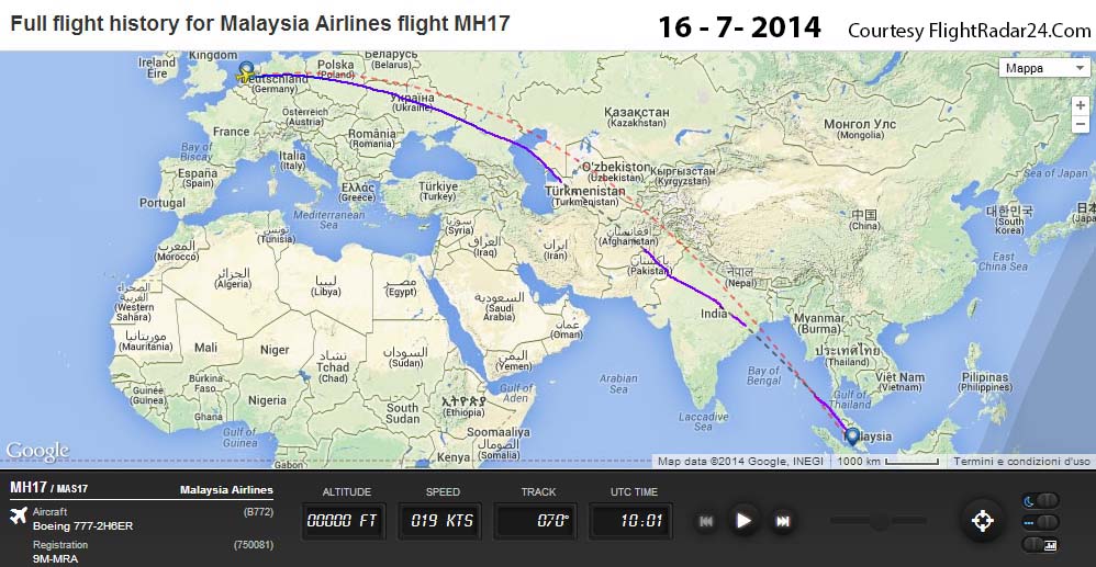 La rotta seguita dal MH17 giorno 16 luglio