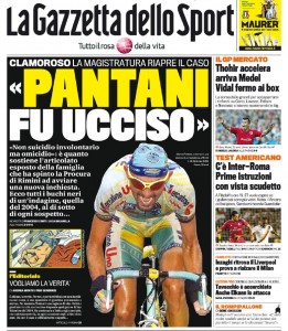 La prima pagina della Gazzetta dello Sport dedicata al caso Pantani