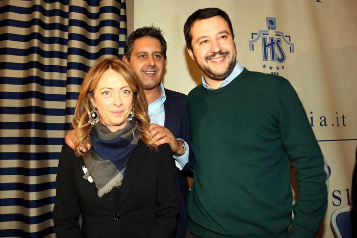 Meloni, Toti e Salvini a Bologna. (photo Ansa/Benvenuti)