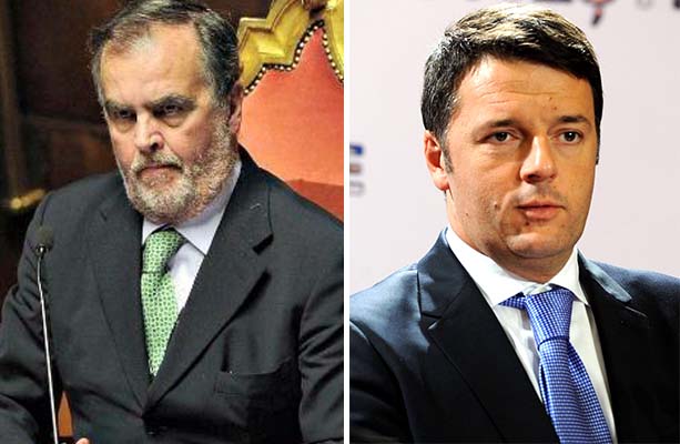 Da sinistra Calderoli e Renzi impegnati in Riforma del Senato