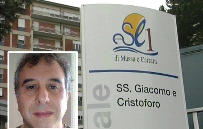 L'ospedale di Massa Carrara. Nel riquadro la vittima Maurizo Del Becaro