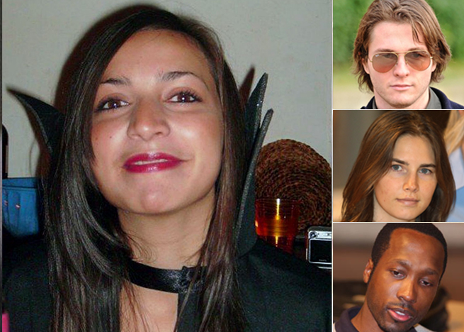 Da sinistra la vittima Meredith Kercher, a dostra nei riquadri Raffaele Sollecito, Amanda Knox (assolto) e Rudy Gaude (condannato per omicidio in "concorso")