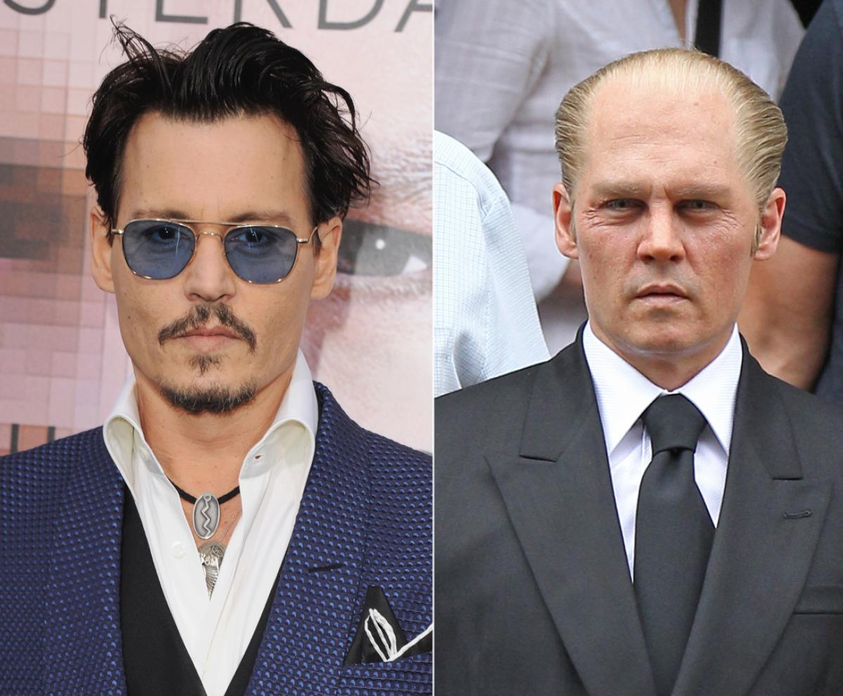 A sinistra, irriconoscibile, Johnny Depp nel film Black Mass. A destra l'attore americano