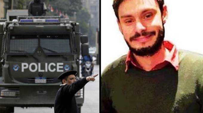 A destra Giulio Regeni. A sinistra la Polizia in piazza Tahrir a Il Cairo