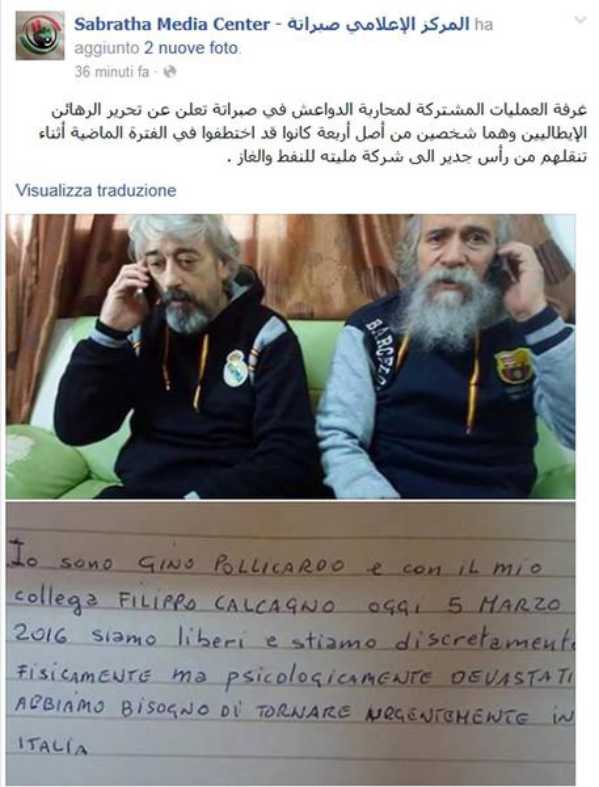 Liberati gli ostaggi Libia liberi Gino Pollicardo e Filippo Calcagno
