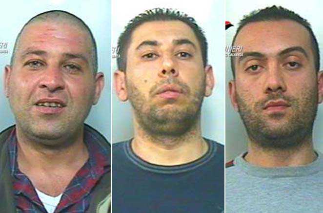 Da sinistra i tre presunti rapinatori: Giuseppe Gallo, Domenico Scandinaro e Antonio Barrese