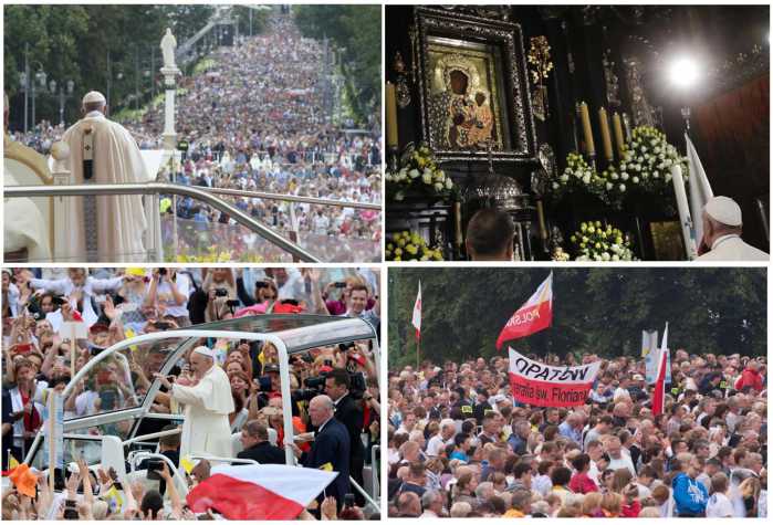 Quattro immagini della giornata di Papa Francesco a Czestochowa (Ansa/Epa)