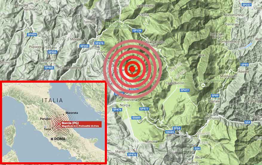 La mappa con l'epicentro del terremoto del 30 ottobre 2016