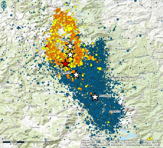 La cartina con il nuovo terremoto. La stella rossa indica l'epicentro della nuova scossa tra Norcia e Preci