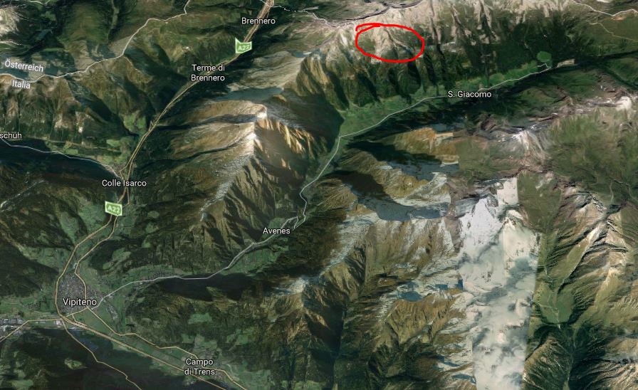 Cerchiato in rosso la zona del Gran Pilastro, Val di Vizze dove si è staccata la valanga 