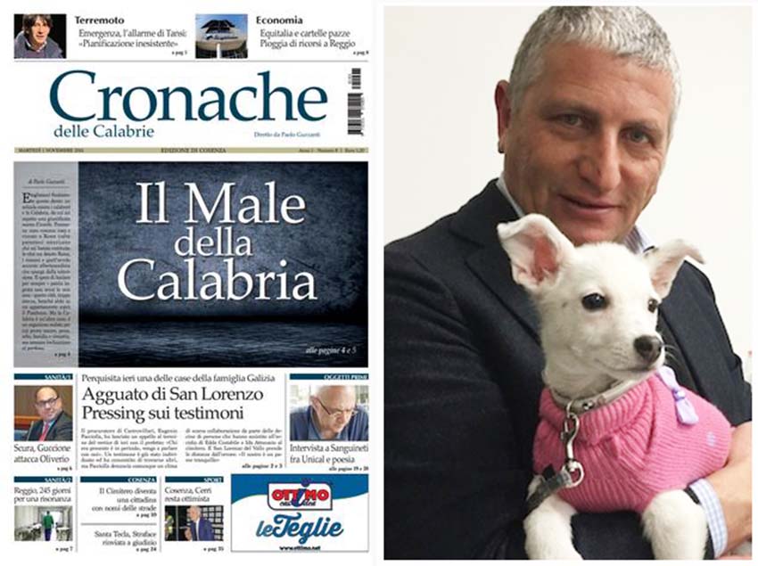 Una prima pagina del quotidiano Cronache delle Calabria a destra "l'editore" Francesco Armentano 