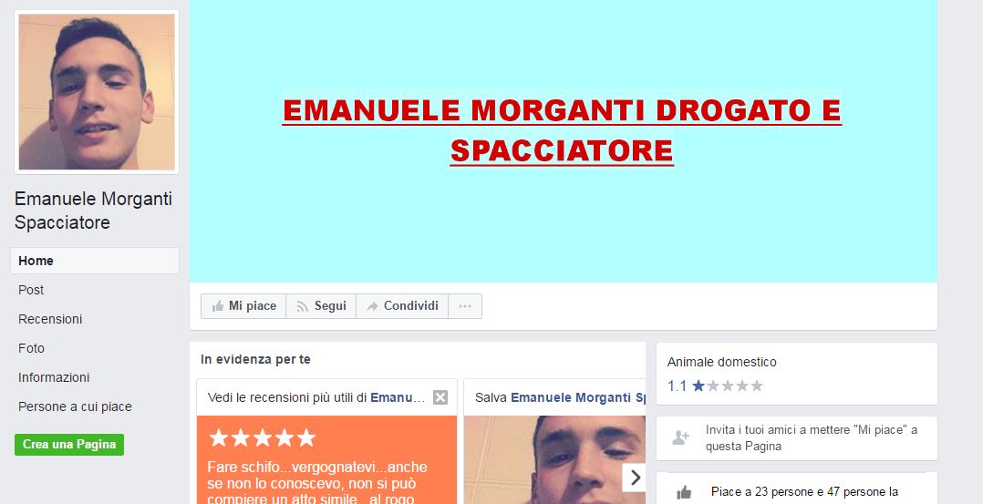 La pagina contro Emanuele Morganti apparsa su Facebook