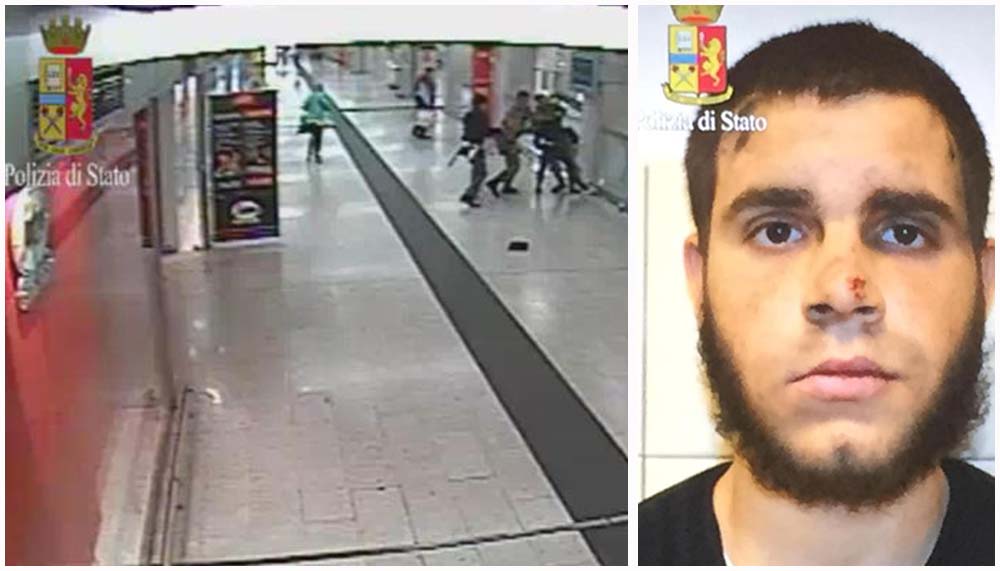 Un frame dell'aggressione a Milano. A destra Ismail Tommaso Hosni, arrestato e indagato per terrorismo