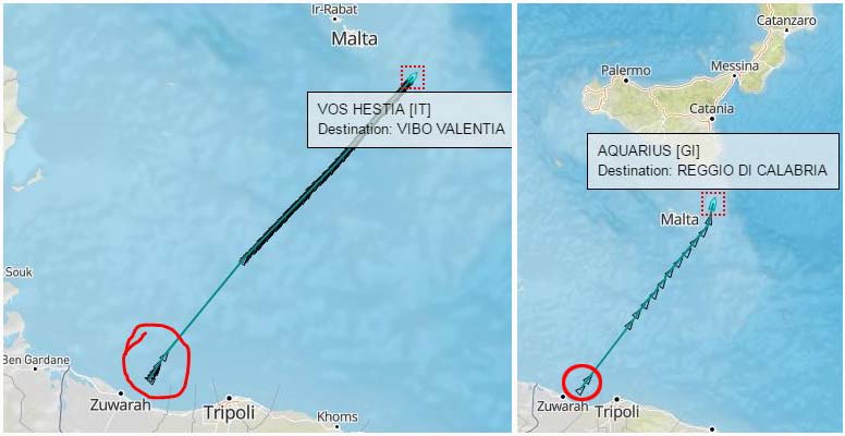 Nelle due immagini le rotte delle due navi Acquarius e Vos Hestia che approdano domenica in Calabria
