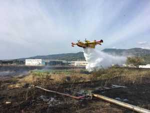 Un Canadair riversa acqua sullo stagno dell'ex Legnochimica