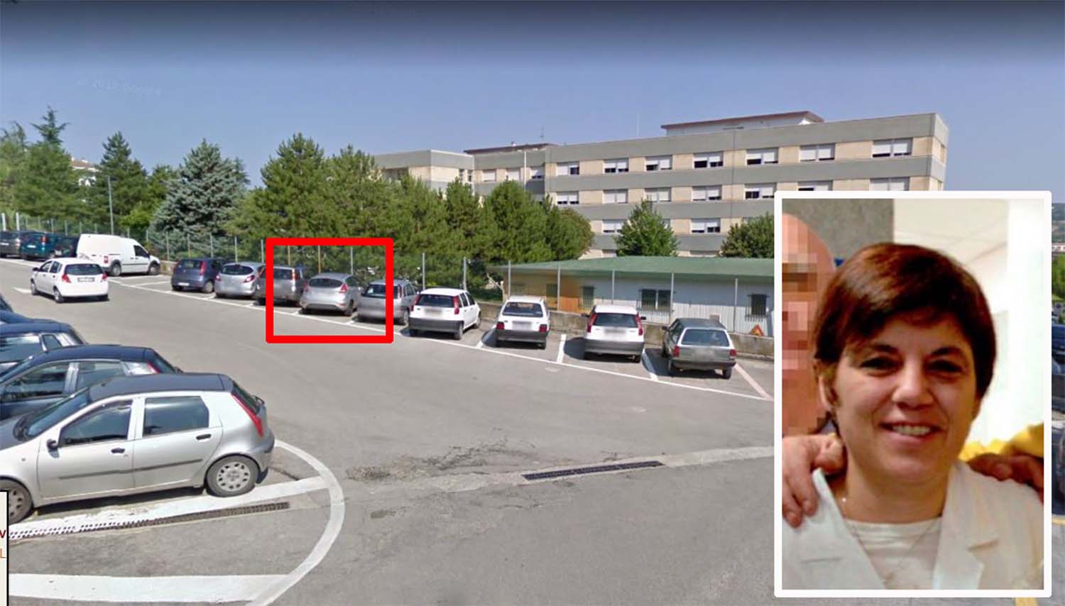 Nel riquadro rosso il luogo dell'omicidio da un'altra prospettiva. A destra la dottoressa Ester Pasqualoni