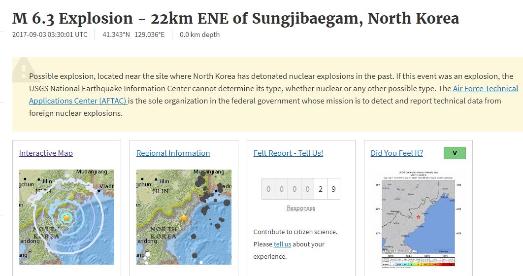 Nell'immagine dell'Usgs il terremoto registrato in Corea dopo il lancio della testata atomica