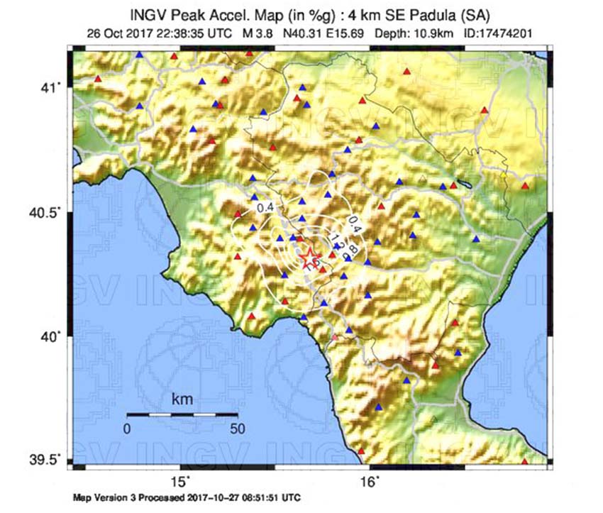 La mappa di scuotimento del terremoto Padula 