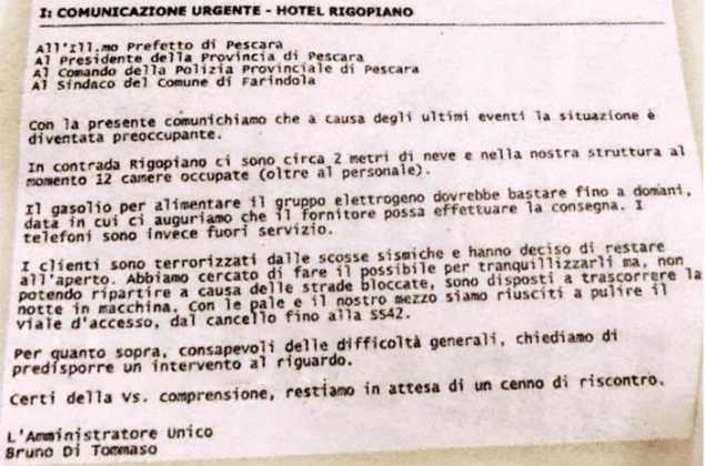 La mail inoltrata dall'amministratore unico dell'hotel Rigopiano, Bruno Di Tommaso