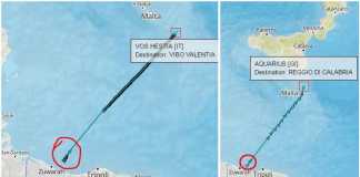 L’invasione continua, domani altri 3.100 clandestini presi in Libia Nelle due immagini le rotte delle due navi Acquarius e Vos Hestia che approdano domenica in Calabria