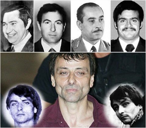 Quattro delle vittime di Cesare Battisti (in basso da giovane). In altro da sinistra, Pierluigi Torreggiani e Lino Sabbadin (uccisi il 16 febbraio 1979), Antonio Santoro (ucciso il 6 giugno 1978) e Andrea Campagna (19 aprile 1978).