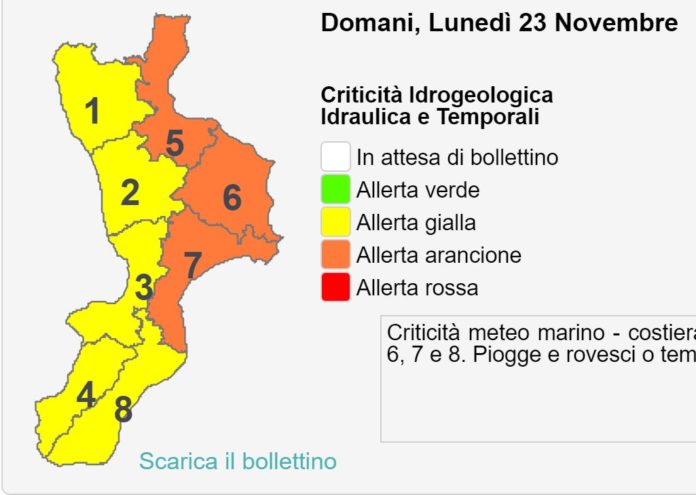 allerta arancione lunedi 23 novembre